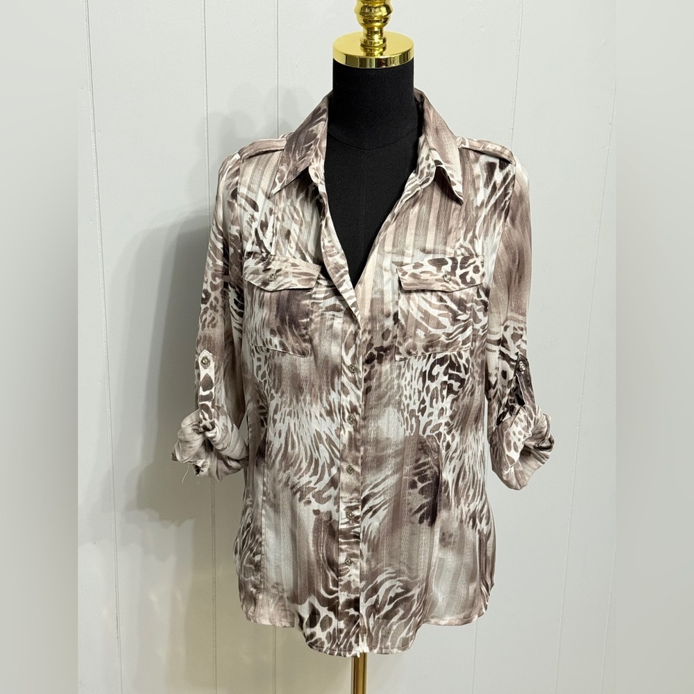 #14)  Dressbarn Brown and Cream Animal Print Button-Down Shirt